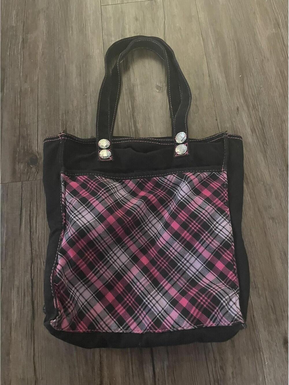Vintage Pink Plaid Canvas Tote Bag Small Rhinstone Y2K